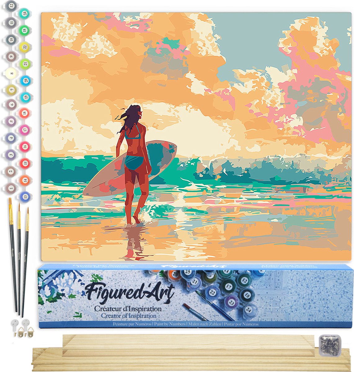 FiguredArt Schilderen op Nummer Volwassenen canvas Surfer meisje bij zonsopgang- Handwerk acrylverf Kit DIY Compleet - 40x50cm met DIY houten lijst